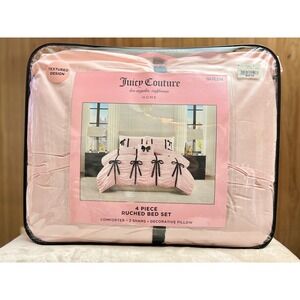 Juicy Couture Queen 4 Piece Ruched Comforter Set Pink Black Bows Shams Pillow